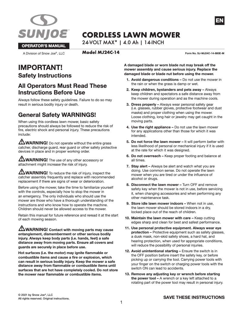 Page 1 de la notice Manuel utilisateur Sun Joe MJ24C-14
