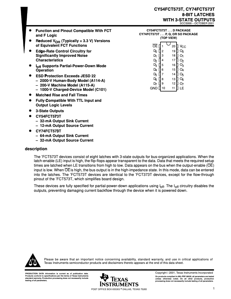 Page 1 de la notice Manuel utilisateur Texas Instruments CY74FCT573ATSOC