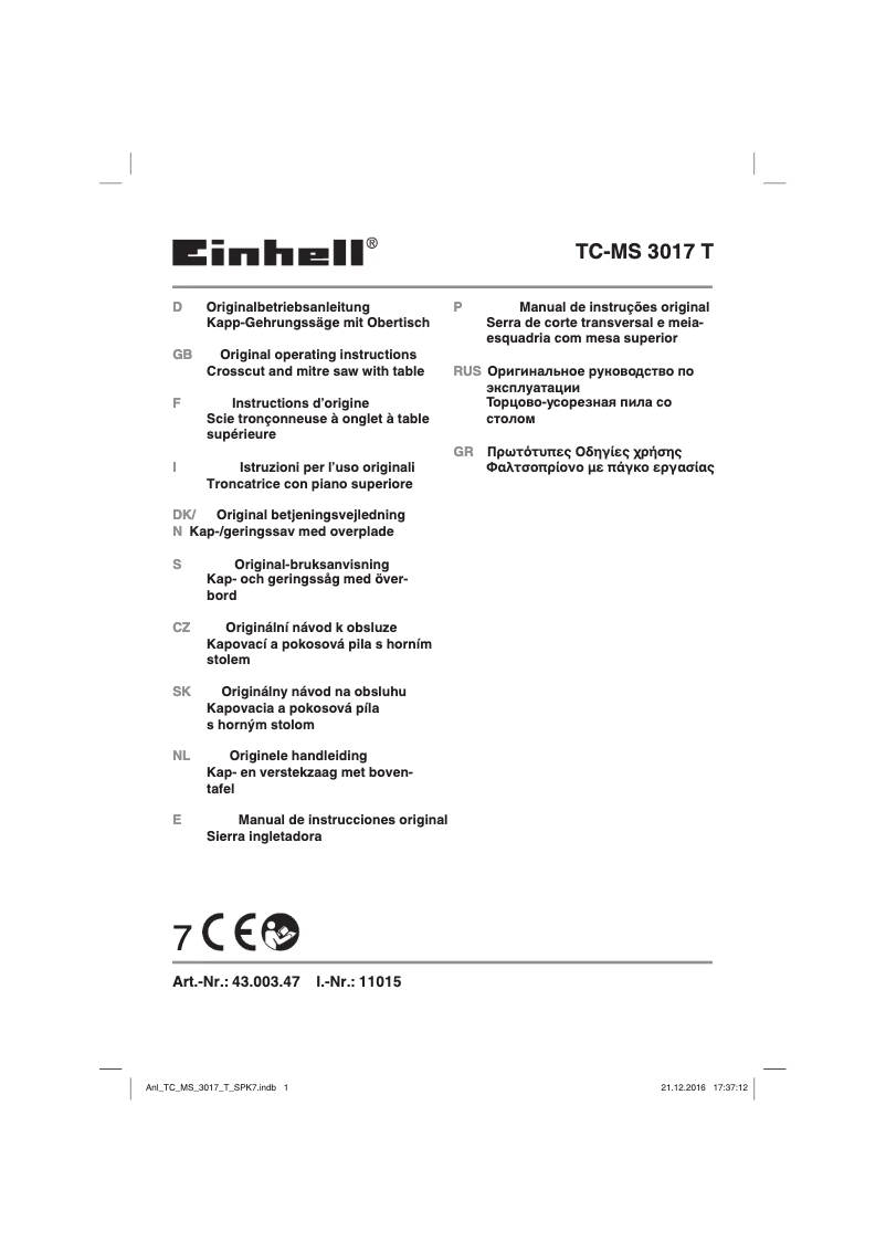 Page 1 de la notice Manuel utilisateur Einhell TC-MS 3017 T