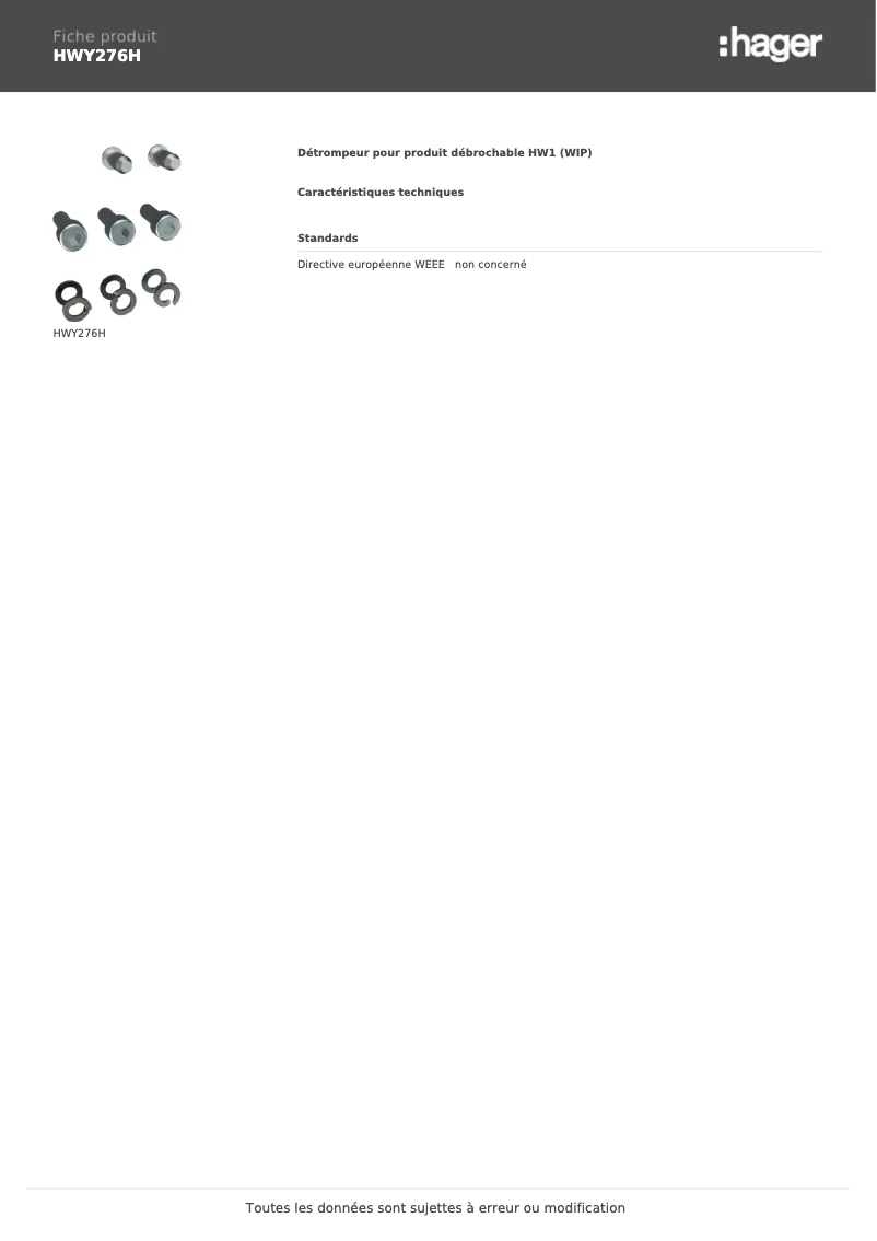 Page 1 de la notice Fiche technique Hager HWY276H