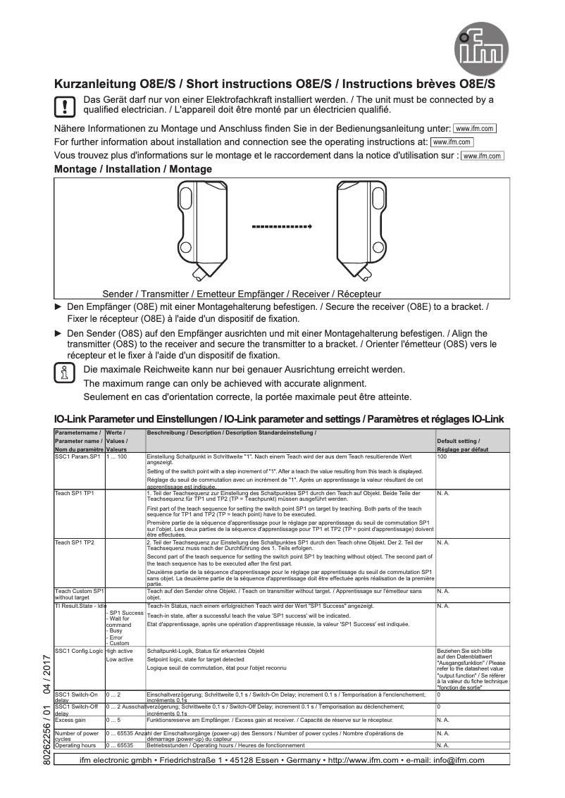 Page 1 de la notice Manuel utilisateur IFM O8E200