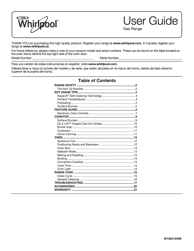 Page 1 de la notice Manuel d'utilisation et d'entretien Whirlpool WEG745H0FS