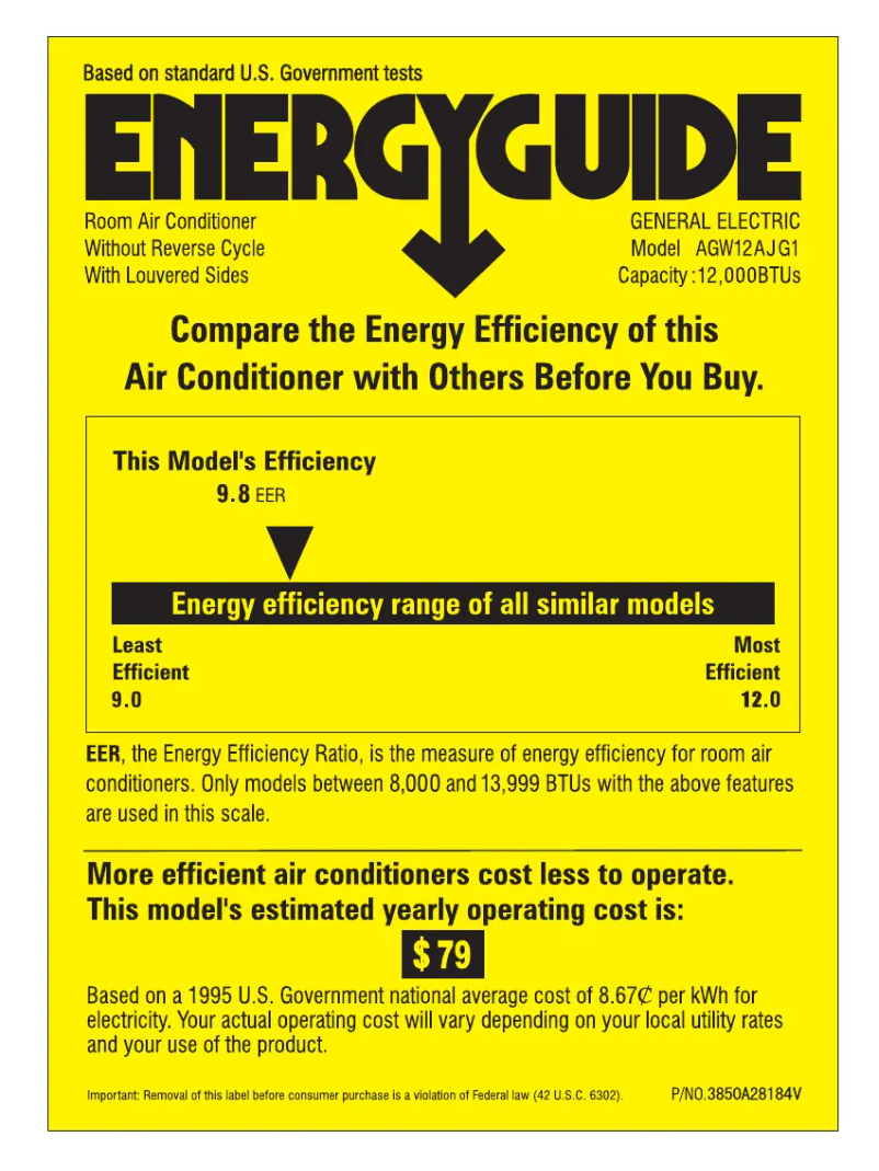 Page 1 de la notice Label énergétique GE AGW12AJ