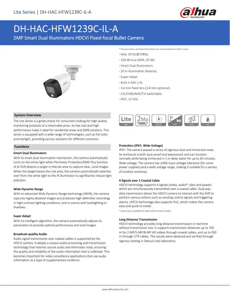 Page 1 de la notice Fiche technique Dahua Technology HAC-HFW1239C-IL-A