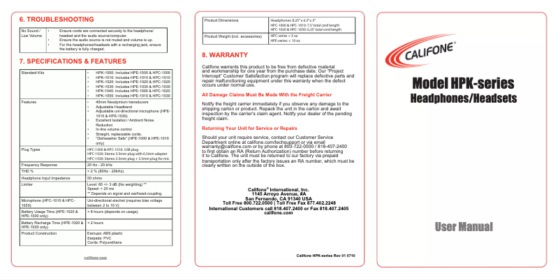 Page 1 de la notice Manuel utilisateur Califone Titanium HPK-1550
