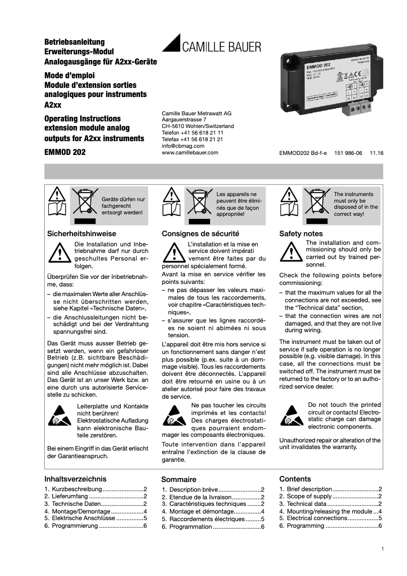 Page n°1 - Manuel utilisateur Camille Bauer EMMOD202