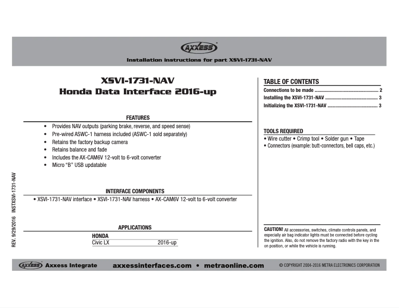 Page n°1 - Manuel utilisateur Metra Axxess XSVI-1731-NAV