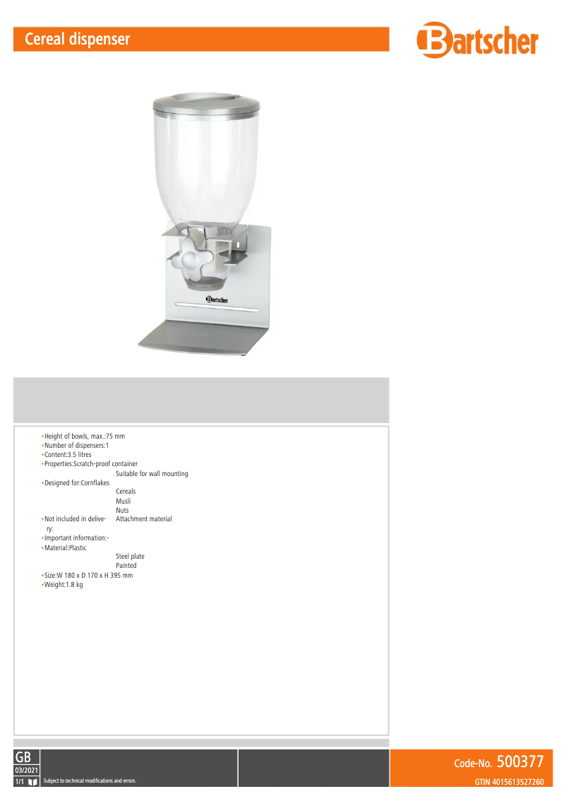 Page 1 de la notice Fiche technique Bartscher 500377