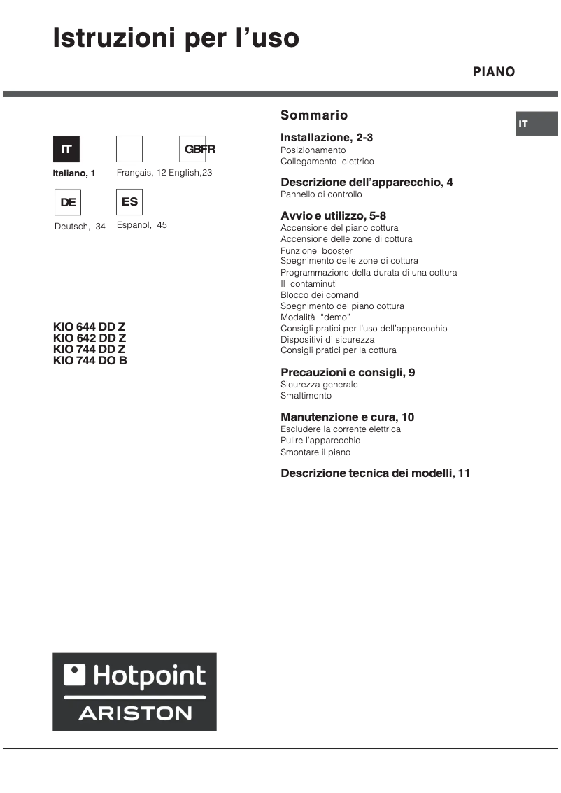 Page 1 de la notice Manuel utilisateur Hotpoint KIO 644 DD Z