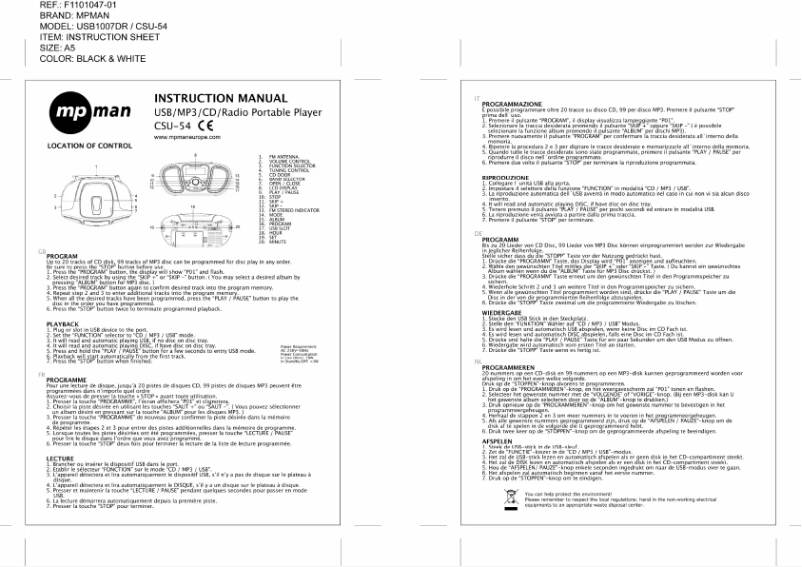 Page 1 de la notice Manuel utilisateur Mpman CSU-54