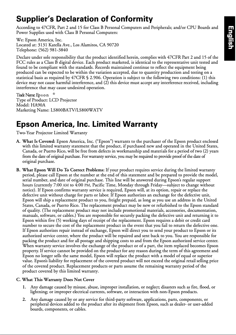 Page 1 de la notice Informations de garantie Epson LS800B