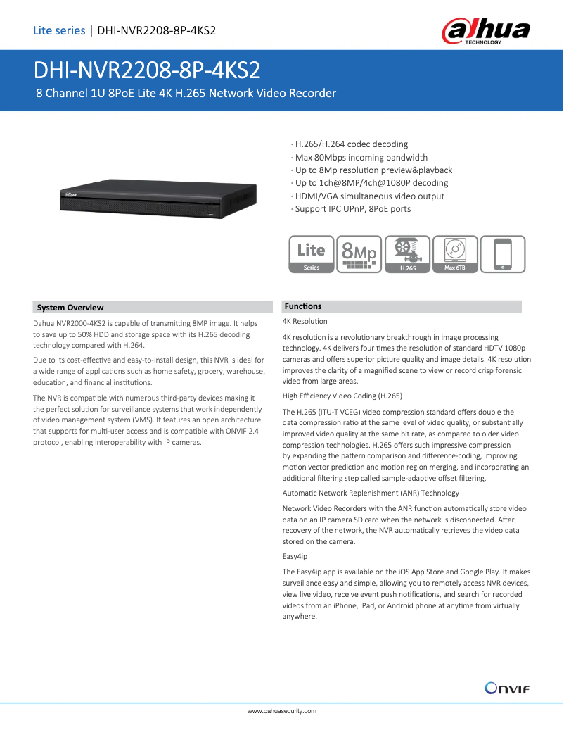 Page 1 de la notice Fiche technique Dahua Technology NVR2208-8P-4KS2