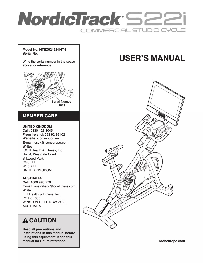 Page n°1 - Manuel utilisateur NordicTrack Commercial S22i Studio Cycle
