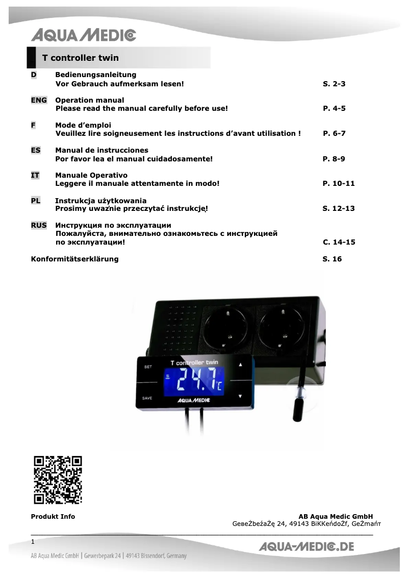 Image de la première page du manuel de l'appareil T controller twin