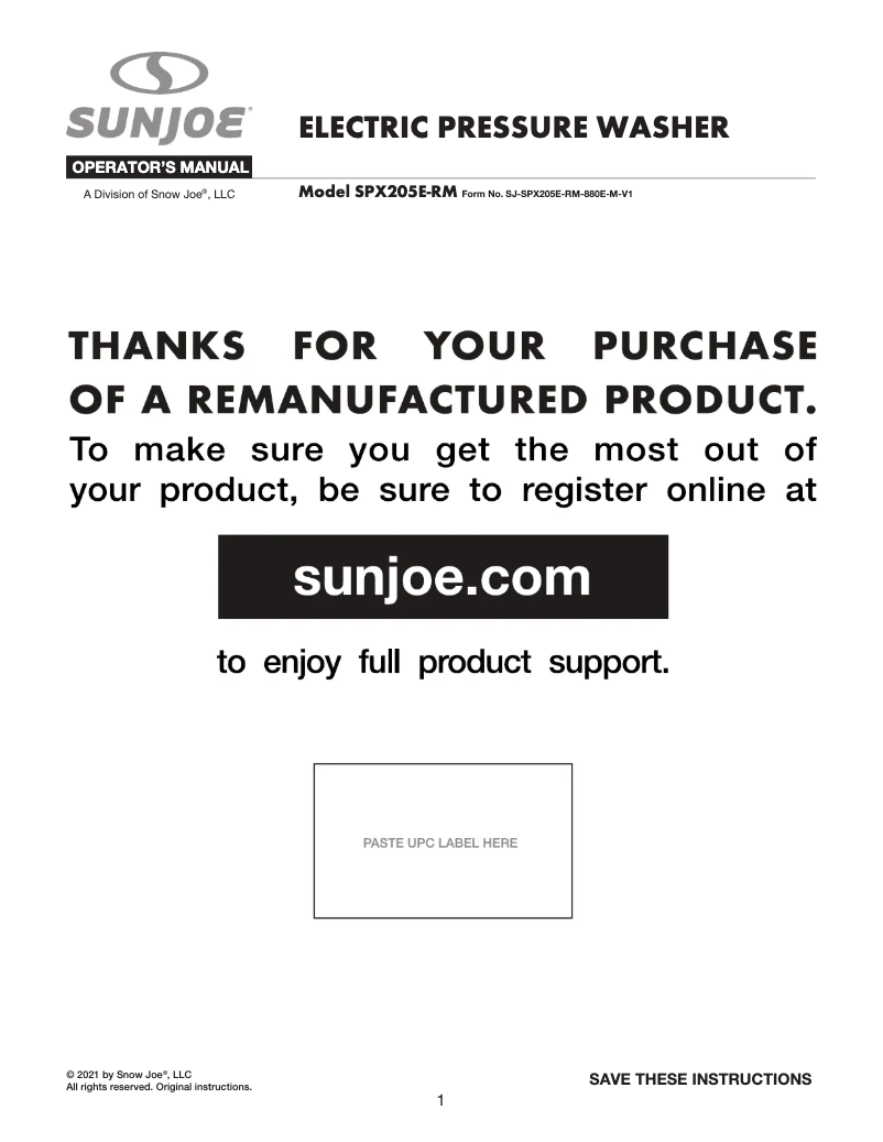 Página 1 del manual Manual de usuario Sun Joe SPX205E-RM