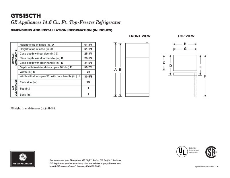 Page n°1 - Fiche technique GE GTS15CTHLWW
