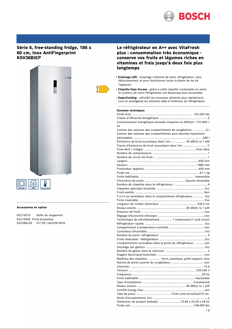Page n°1 - Fiche technique Bosch KSV36BIEP