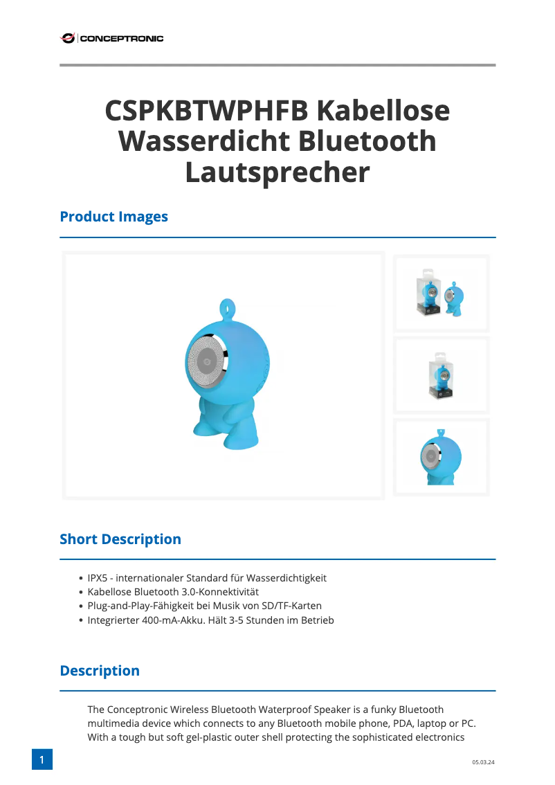 Page 1 de la notice Fiche technique Conceptronic CSPKBTWPHFB