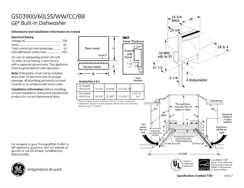 Page 1 de la notice Fiche technique GE GSD3900LWW