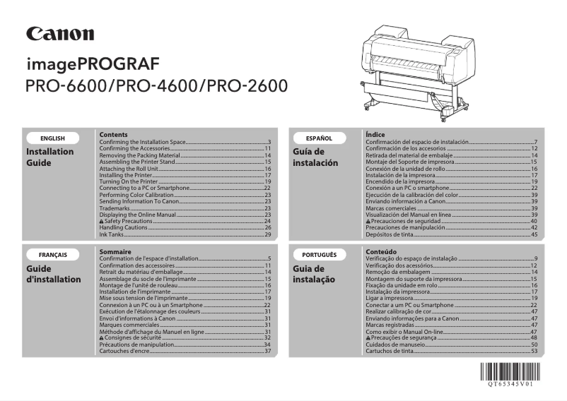 Page 1 de la notice Guide d'installation Canon imagePROGRAF PRO-2600