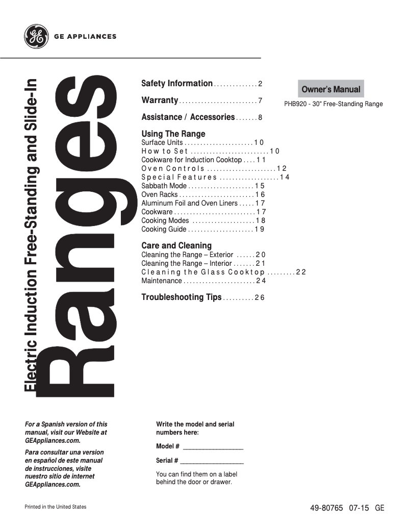 Page n°1 - Manuel utilisateur GE Profile PHB920SJSS