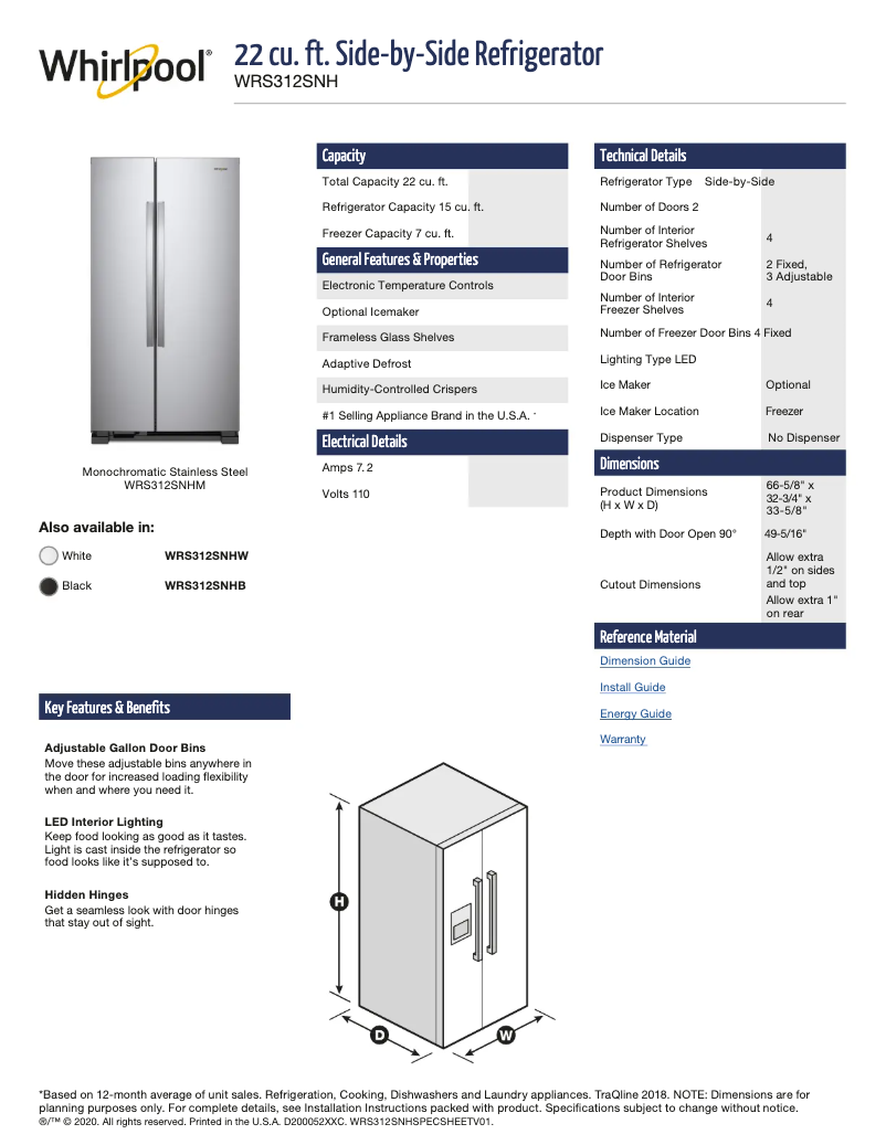 Page 1 of the manual Technical Sheet Whirlpool WRS312SNHM