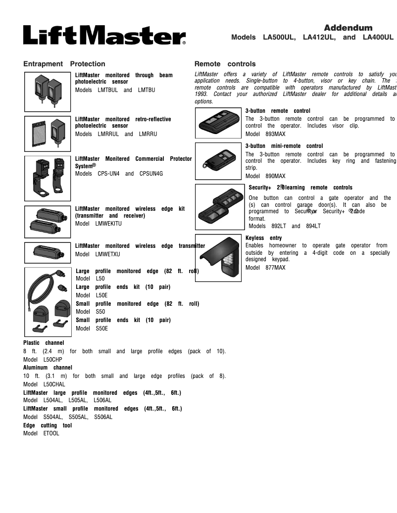 Page n°1 - Manuel utilisateur LiftMaster LA500UL