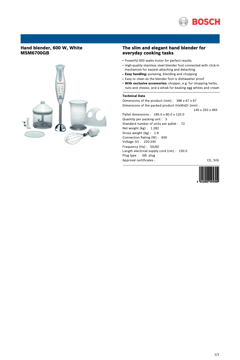 Page 1 de la notice Fiche technique Bosch MSM6700GB