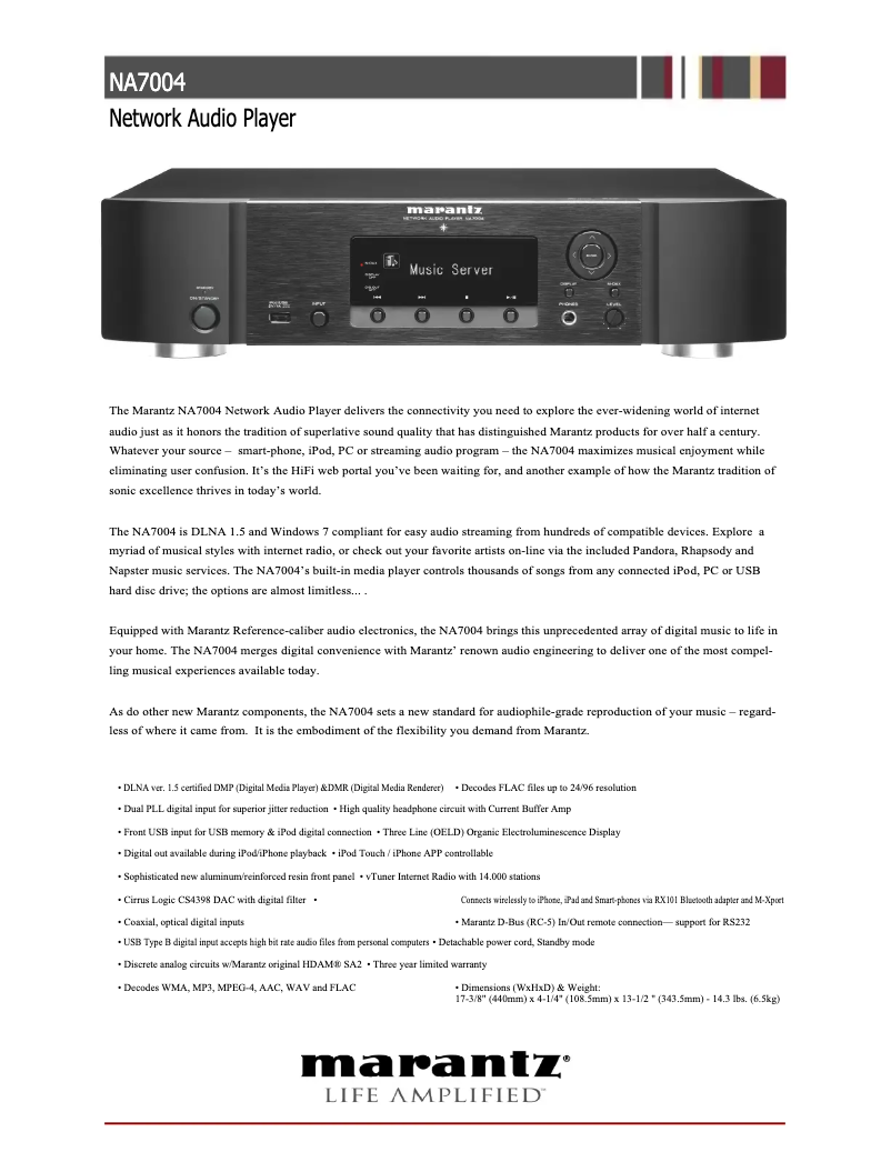 Page 1 of the manual Technical Sheet Marantz NA7004