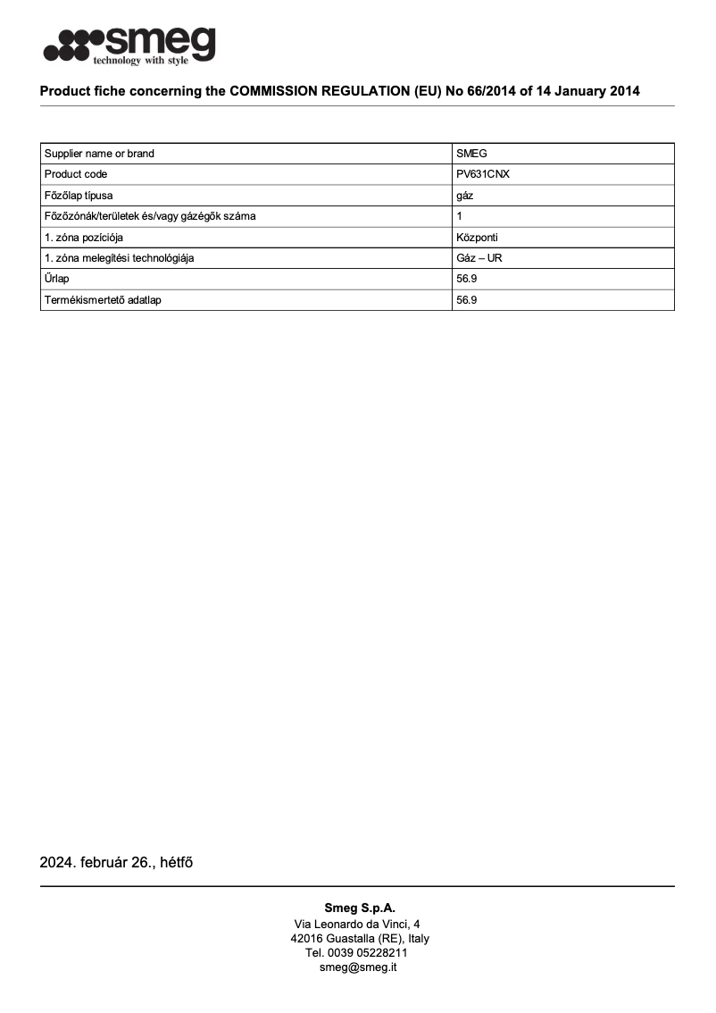 Page 1 de la notice Fiche technique Smeg PV631CNX