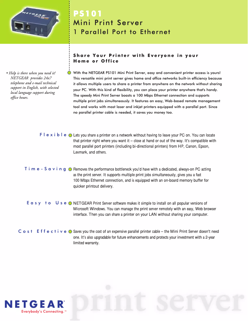 Página 1 del manual Ficha técnica Netgear PS101