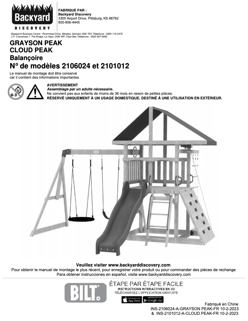 Page 1 de la notice Manuel utilisateur Backyard Discovery Grayson Peak