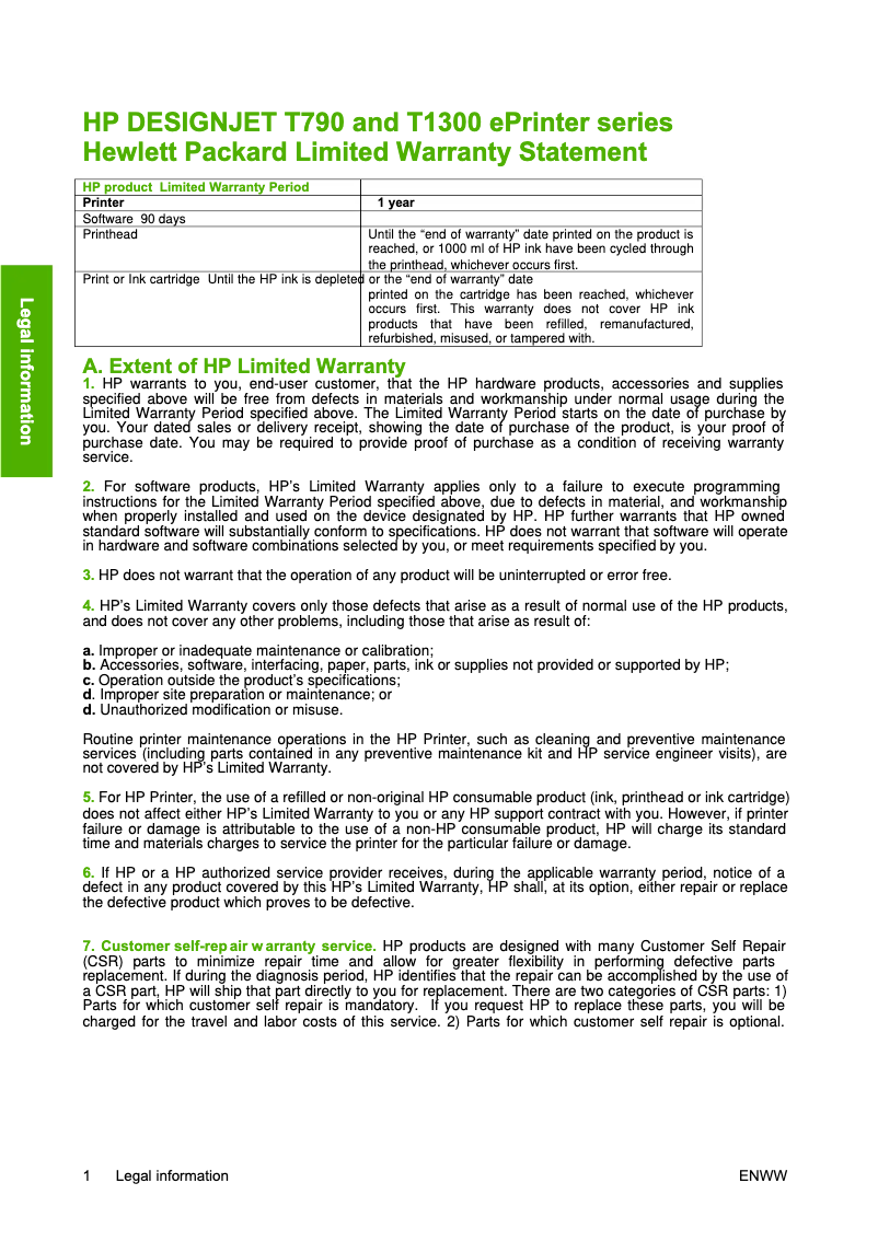 Page 1 de la notice Informations de garantie HP DesignJet T790