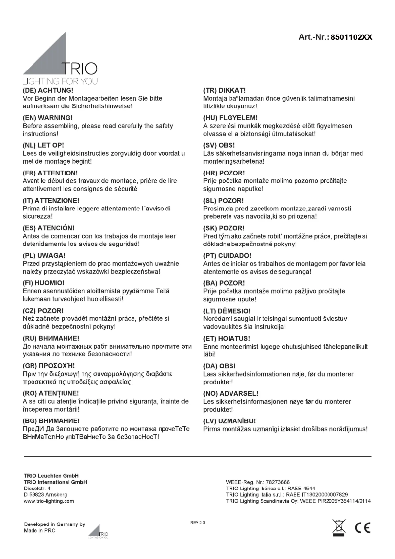 Page 1 de la notice Manuel utilisateur Trio Lighting Sancho 850110231