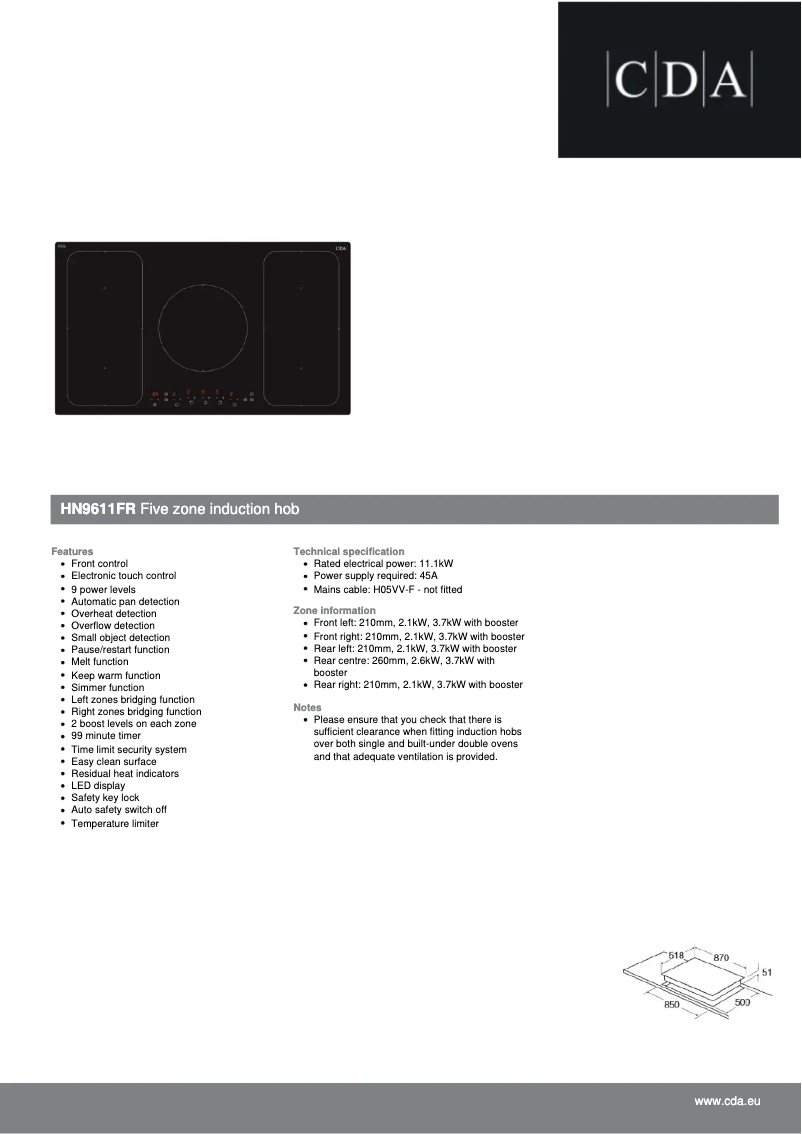 Page 1 de la notice Fiche technique CDA HN9611FR