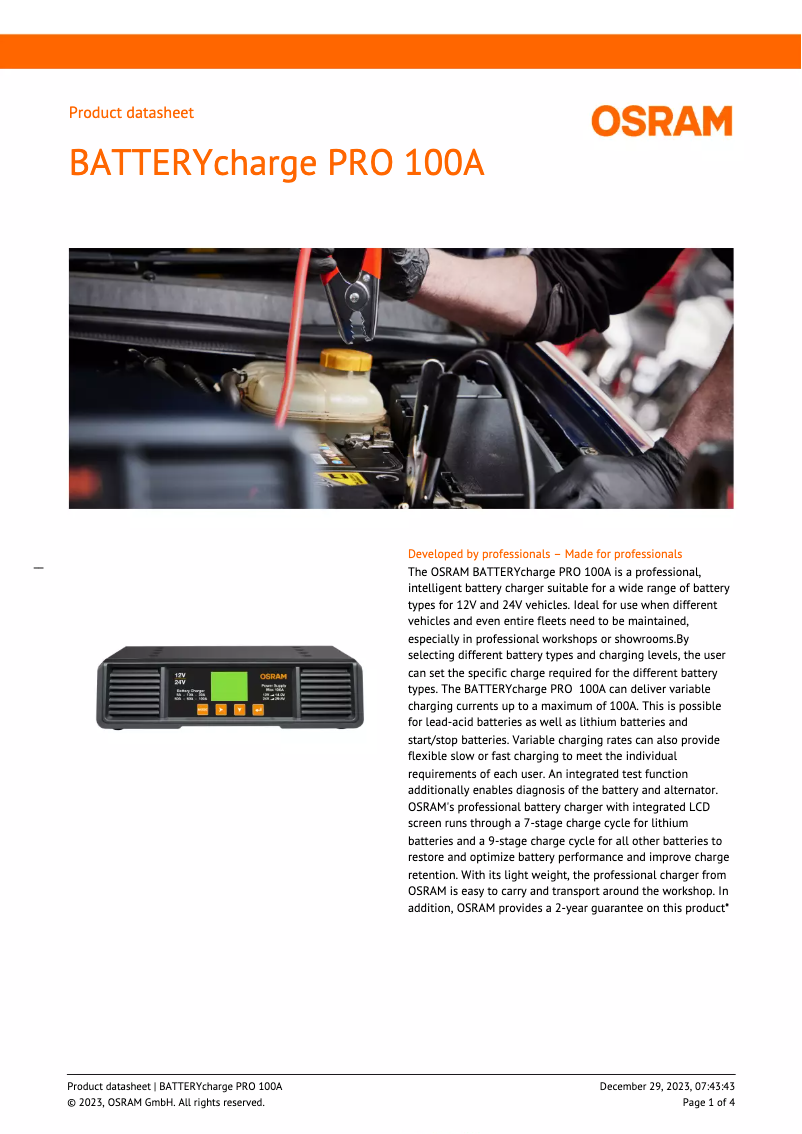 Image de la première page du manuel de l'appareil BATTERYcharge PRO 100A
