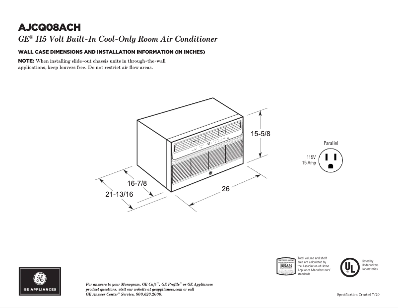 Page 1 de la notice Fiche technique GE AJCM08ACH