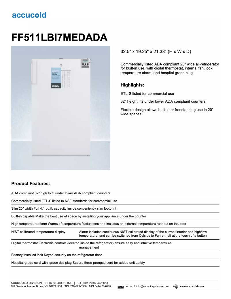 Image de la première page du manuel de l'appareil Accucold FF511LBI7MEDADA