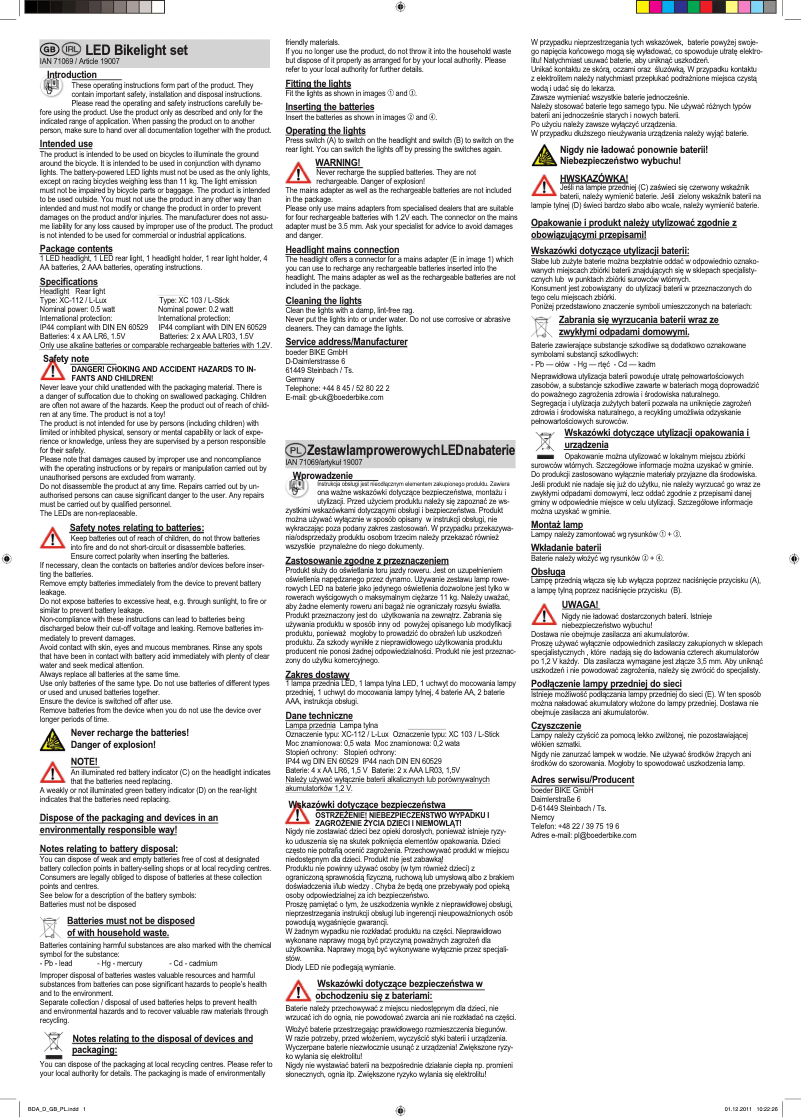 Page 1 de la notice Manuel utilisateur Crivit IAN 71069