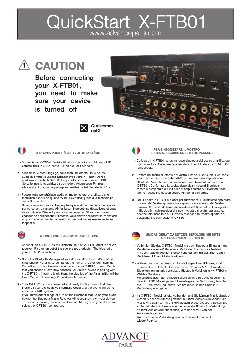 Page 1 de la notice Manuel utilisateur Advance X-FTB01