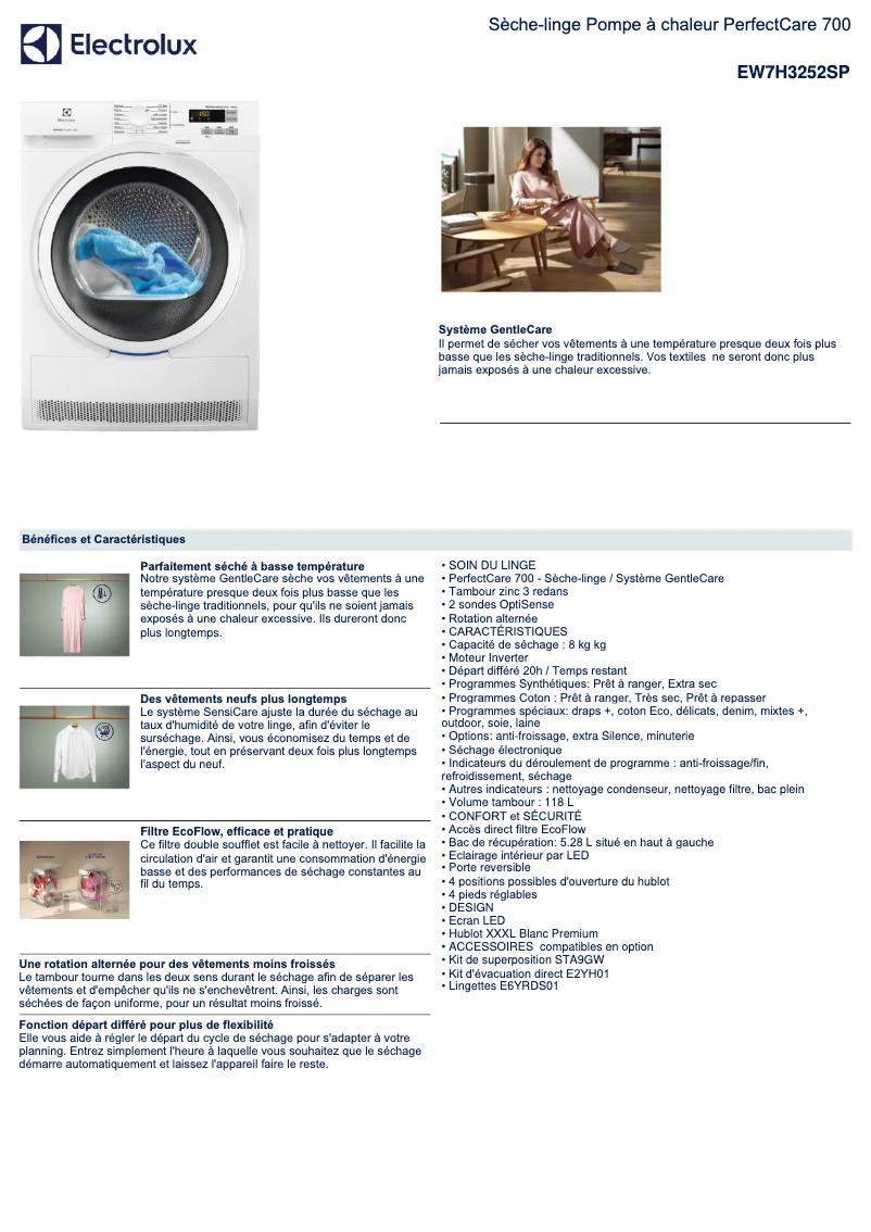 Page 1 de la notice Fiche technique Electrolux EW7H3252SP
