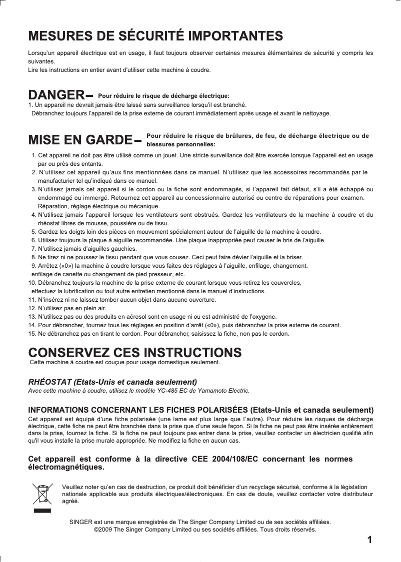 Page 1 de la notice Manuel utilisateur Singer 7469