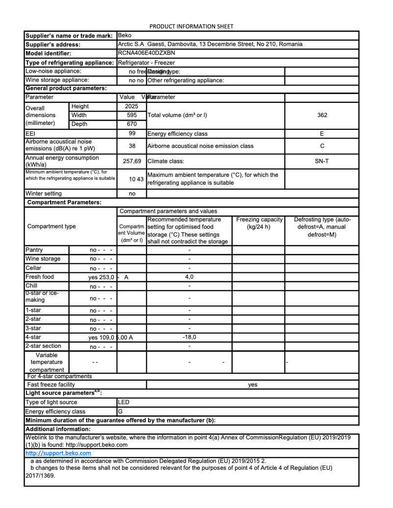 Page 1 de la notice Fiche technique Beko RCNA406E40DZXBN