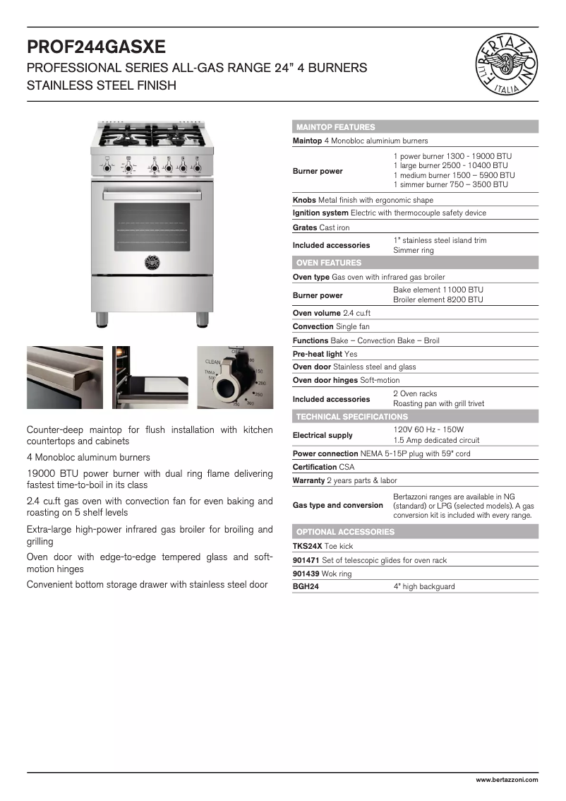 Page 1 de la notice Fiche technique Bertazzoni PROF244GASXE