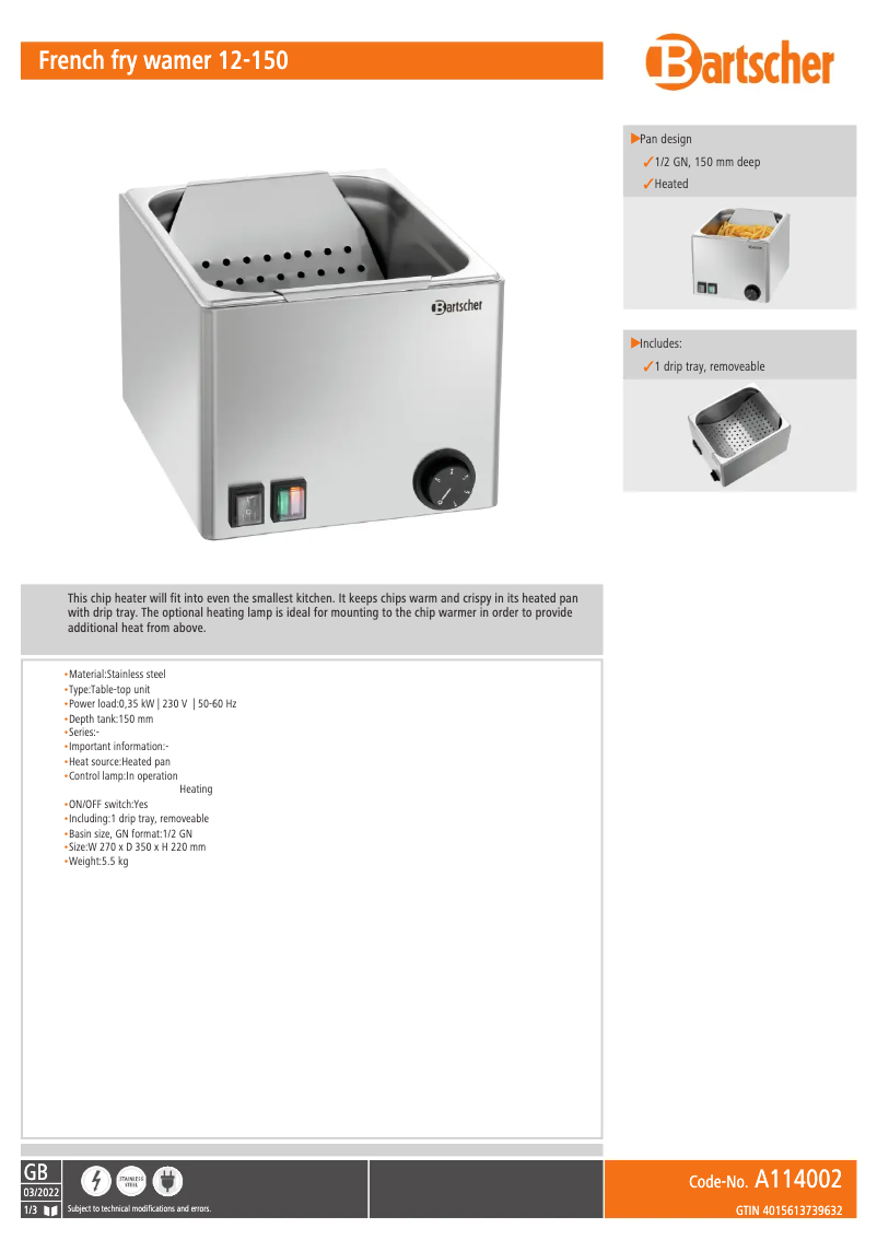Page 1 de la notice Fiche technique Bartscher 12-150