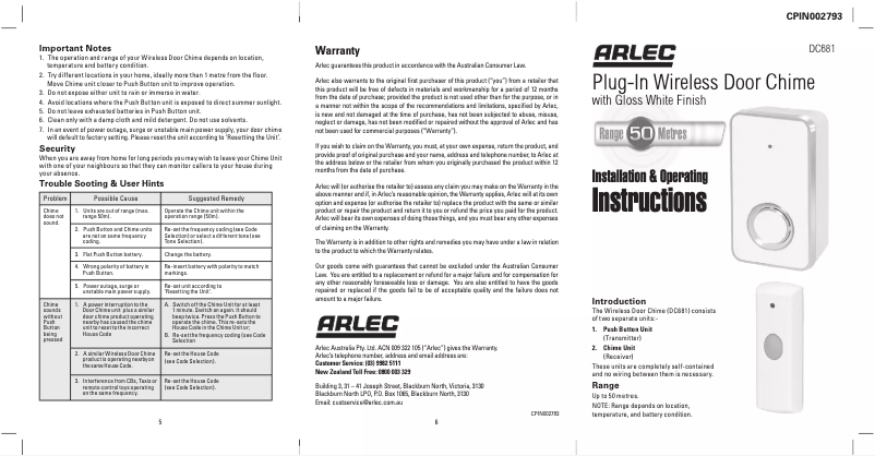 Page 1 de la notice Manuel utilisateur Arlec DC681