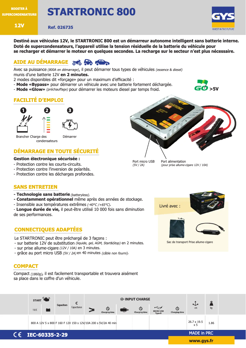Page 1 de la notice Fiche technique GYS Startronic 800