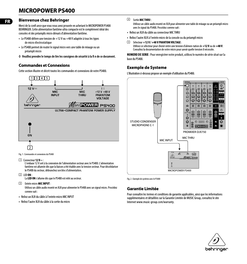Page 1 de la notice Manuel utilisateur Behringer MicroPower PS400