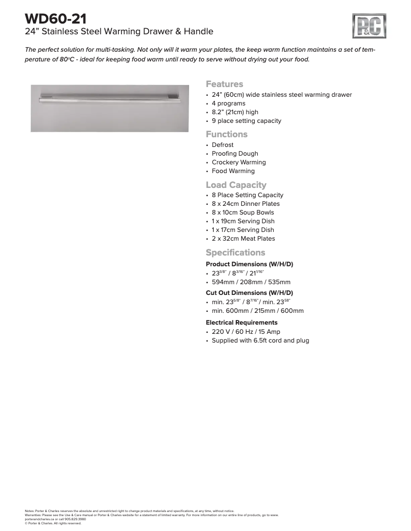 Page 1 de la notice Fiche technique Porter & Charles WD60-21