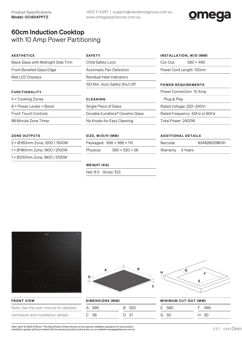 Page 1 de la notice Fiche technique Omega OCI604PPTZ